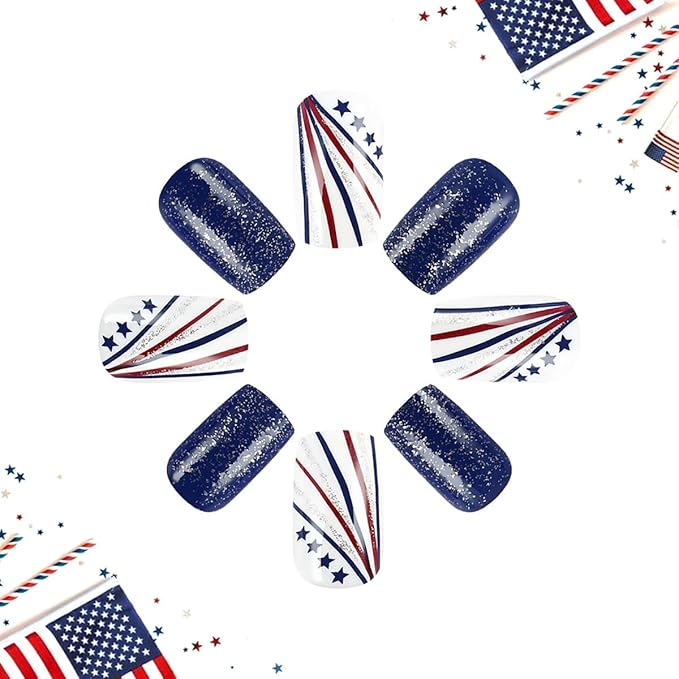 24Pcs Independence Day Press on Nails Medium Square Fake Nails Red Blue Glitter Full Cover False Nails Patriotic Artificial Glue on Nails 4th of July Acrylic Nails Stripe Star Stick on Nails for Women