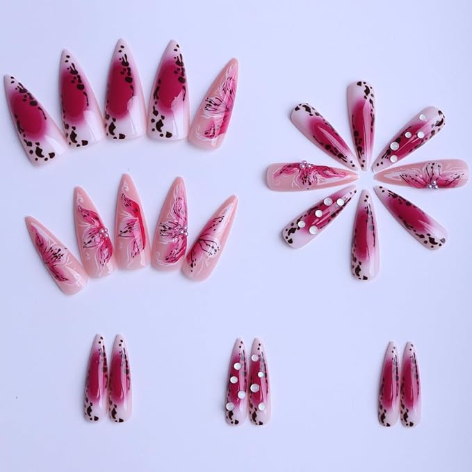 Long Press on Nails Almond Pink False Nails Gradient with 3D Flowers Art Stick on Nail for Women 24pcs