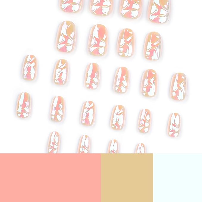 24 Pcs Almond Press on Nails Medium Length French Fake Nails with Aurora Designs Glue on Nails Full Cover Nude Acrylic Nails Summer False Nails 3D Lines Stick on Nails for Women Nail Supplies