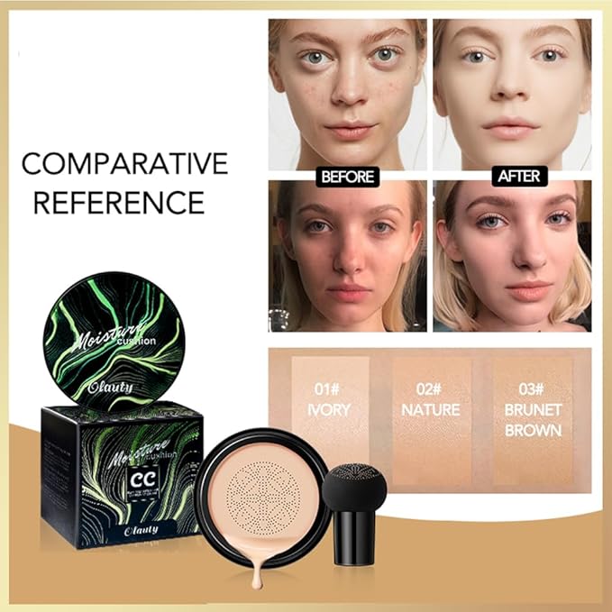Mushroom Head Air Cushion CC Cream Foundation, Moisturizing Concealer BB Cream Nude Long Lasting Matte CC Cream Makeup Liquid Foundation (1pcs Brunet Brown)