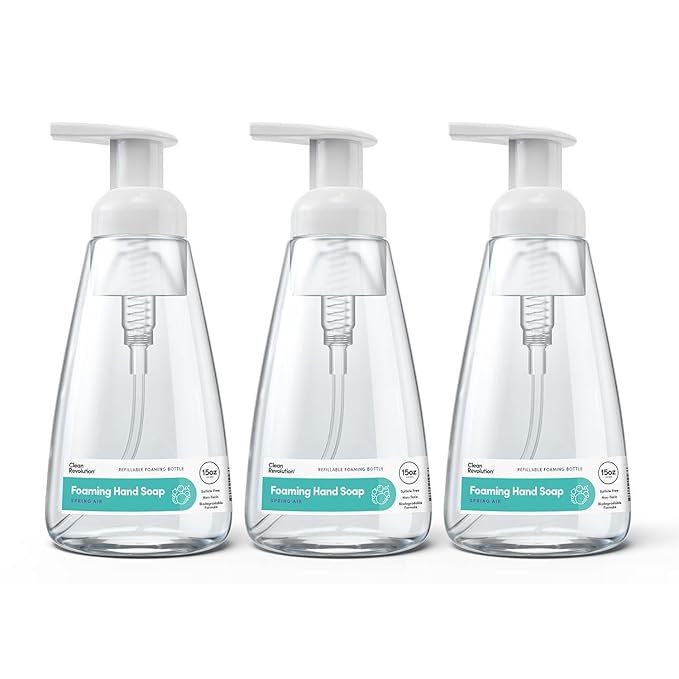 Clean Revolution Ready to Use Foaming Hand Soap | Three Pack | Jumbo 15oz Bottles | Gentle, Moisturizing & Eco-Friendly | Real Essential Oils | Spring Air | 45 Total Fl Oz, Clear