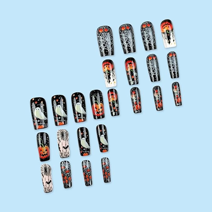 24Pcs Halloween Press on Nails Medium Square Pumpkin Fake Nails Spider Web Bat Castle with Cute Ghost Design Horror Stick on Nail Gothic False Nails Acrylic Glue on Nail for Women Manicure DIY