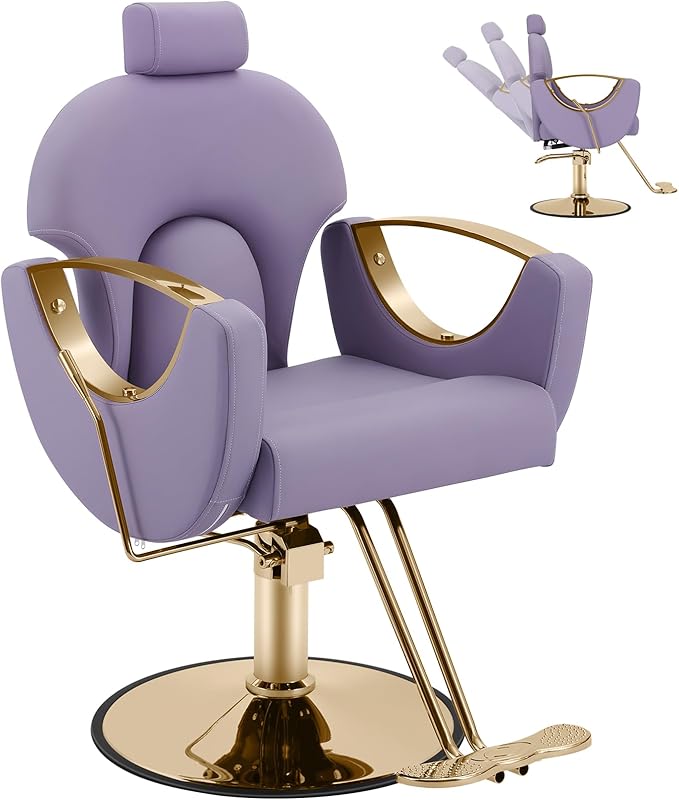 Salon Chair for Hair Stylist, Reclining Barber Chair with Heavy Duty Hydraulic Pump, 360 Degrees Swivel Styling Braiding Hairdresser Chair for Home Barbershop, Purple
