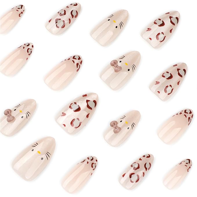 Nude Leopard Press On Nails 24pcs, Cute Cat Design Almond False Nails with Gold Shimmer and 3D Bow, Glossy Reusable Stick On Nails Kit for Women and Girls