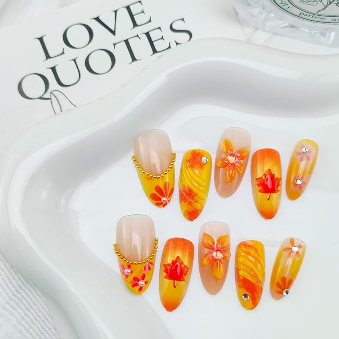 30Pcs Autumn Press on Nails Medium Almond French Tip Fake Nails with 3D Gold Rhinestones Design Fall Flower Acrylic Nails Full Cover Artificial Glue on Nails for Women Thanksgiving Stick on Nail DIY