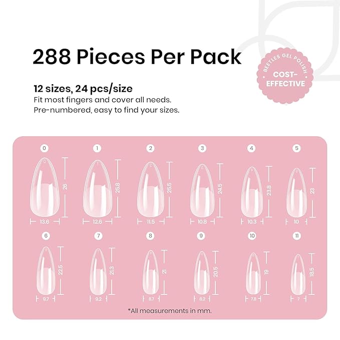 Beetles Gel Nail Tips Medium Almond Etch X, 12 Sizes 288 PCS Half Matte Full Cover Press on False Nail Tips Clear Acrylic Nails Extension Glue on Nails DIY Gift for Women