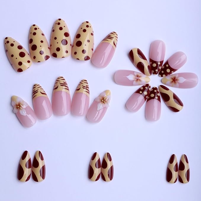 24Pcs Fall Almond Press on Nails Medium French Tip Fake Nails with Gold Beads Design 3D Flower Glue on Nails Brown Leopard Print Artificial Acrylic Nails French Tip Stick on Nails Decoration for Women