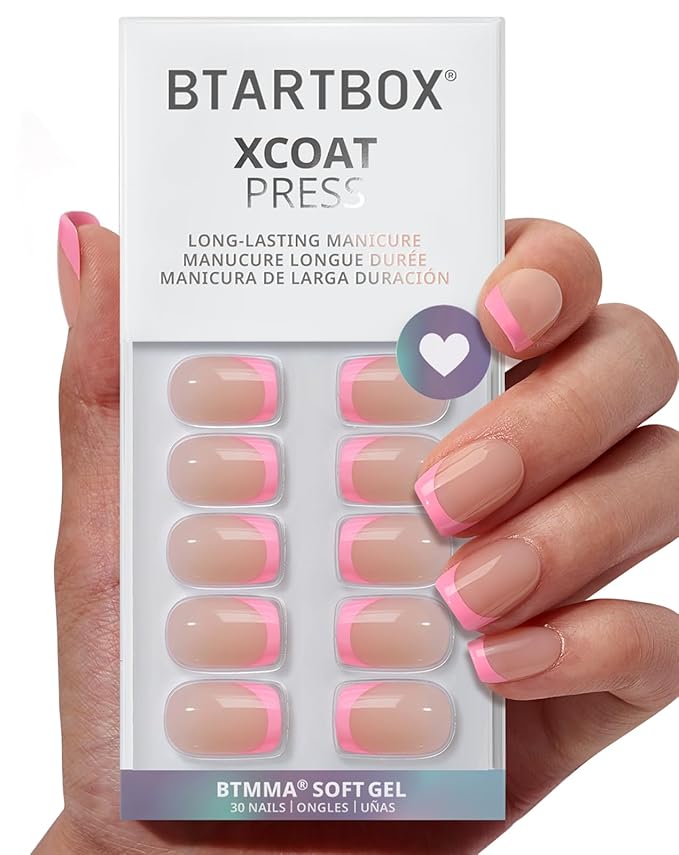 BTArtbox French Tip Press On Nails - Press on Nails Square, Pink Glue On Nails, Fit Perfectly & Natural Reusable Stick On Nails in 15 Sizes, 30 Pcs Soft Gel Kit, Dolce Pink