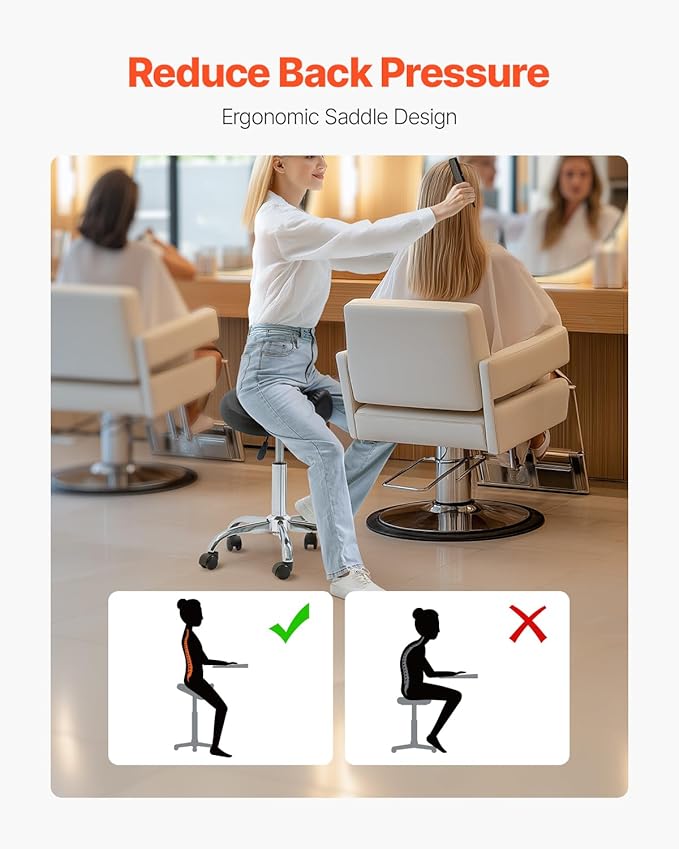 VEVOR Saddle Stool with Wheels, 450 LBS Weight Capacity Ergonomic Rolling Stool, Height Adjustable Thickened PU Leather Swivel Saddle Chair for Salon, Spa, Massage, Tattoo, Clinic, Black