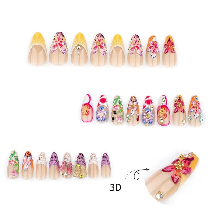 Flower Press on Nails Long Almond Fake Nails 3D Floral Colorful Butterfly Rhinestone Design French Tip False Nail Spring Summer Stick on Nails Acrylic Glue on Nail Art DIY Manicure Supplies