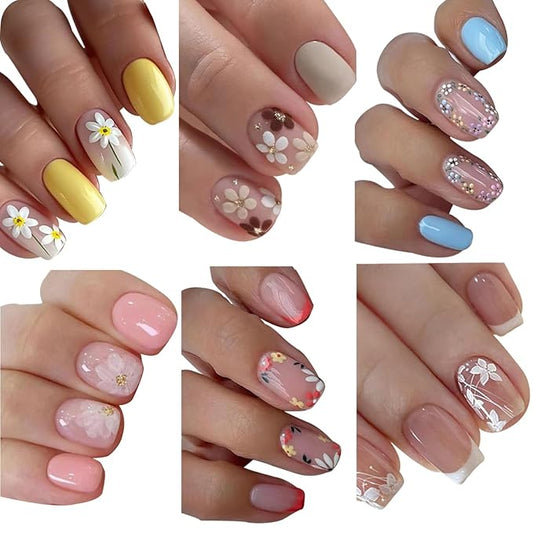 6 Packs (144 Pcs) Flower Press On Nails Short Square Press on Nails Colorful Floral Glue On Nails in 12 Sizes - 24 Fake Nails Kit, Spring Summer Acrylic Stick On Nails for Women Manicure