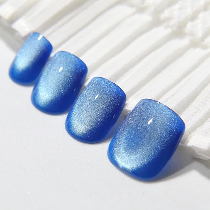 Blue Press on Nails Short Square Ice Blue Cat Eye Press on Nails Fashion Gel Fake Nails Reusable Acrylic Fake Nails Glossy Stick on Nails for Women Girls Gift Glue on Nails Kit