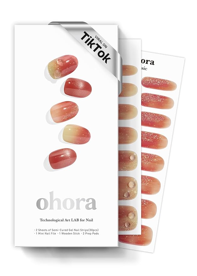 ohora Semi Cured Gel Nail Strips (N Shizuku Apple) - Works with Any Lamps, Salon-Quality, Long Lasting, Easy to Apply & Remove - Includes 2 Prep Pads, Nail File & Wooden Stick