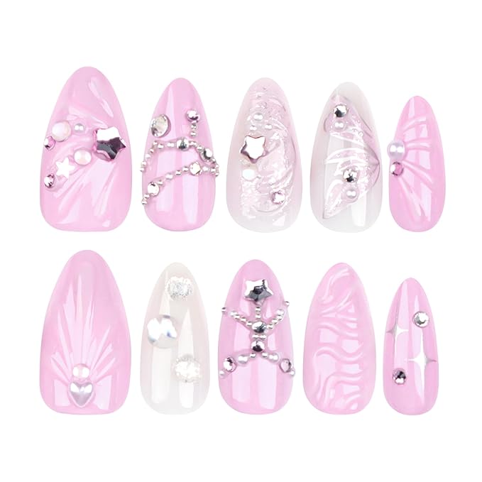 24Pcs Pink Press on Nails Medium Almond Fake Nails with 3D Star Rhinestones Pearl Design Ocean Shells Sweet Acrylic False Nails Spring Cute Butterfly White Glue on Nails for Manicure Decor