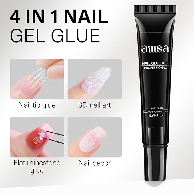 AILLSA Gel Nail Glue for Nails Tips, Solid Super Strong Gel Glues 15g Professional Fake Acrylic Soft Nails Glue U V Lamp Curing Needed - Long Lasting