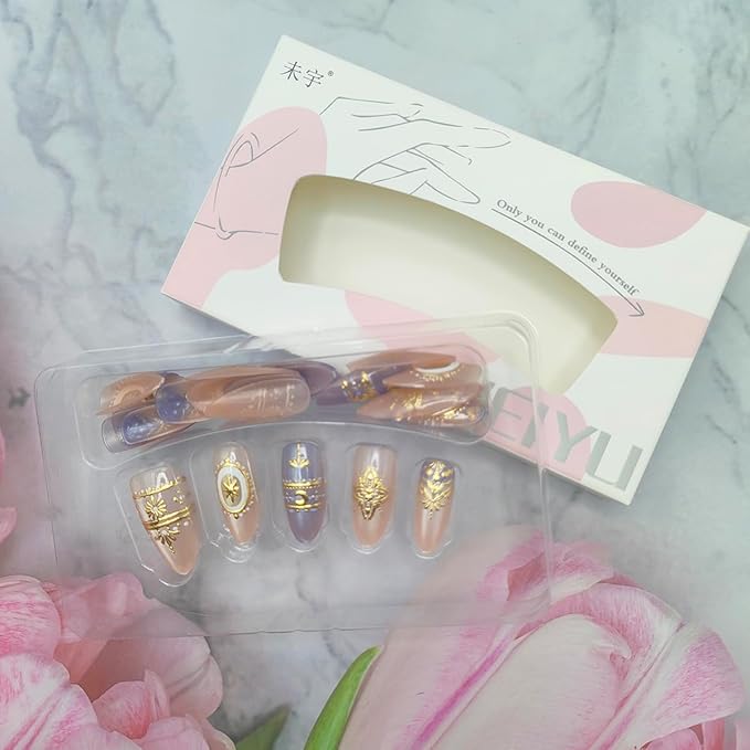 30Pcs Medium Almond Press on Nails Nude Blue Fake Nails 3D Gold Chrome Flower Star Moon False Nails Glitter Full Cover Glue on Nails Baroque Style Artificial Nails Luxury Stick on Nails for Women