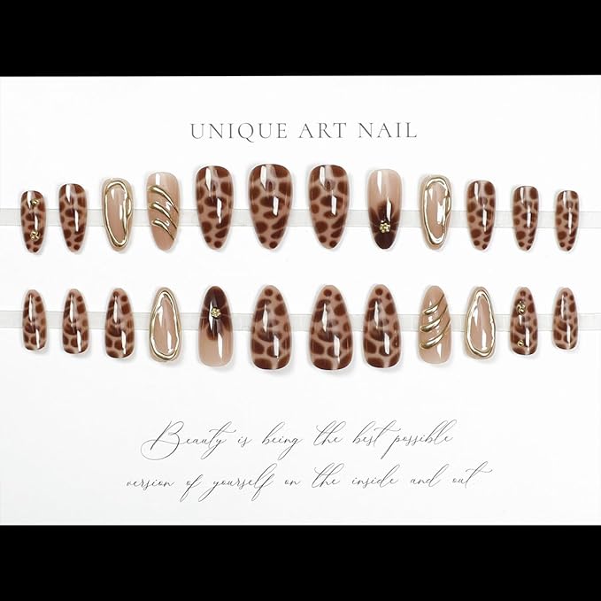 24Pcs Brown Flower Press on Nails Almond Medium Fake Nails with Leopard Print Designs 3D Gilding Frame False Nail Reusable Acrylic Nails Stick on Nails for Women Handmade Nail Decoration