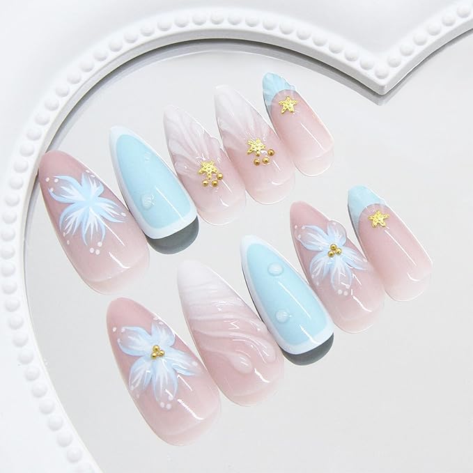 24pcs Summer Press on Nails Medium Almond Fake Nails with 3D Blue Flower Designs Gold Starfish Bead Glue on Nails French Tip False Nails Summer Beach Acrylic Nails Full Cover Stick on Nails for Women
