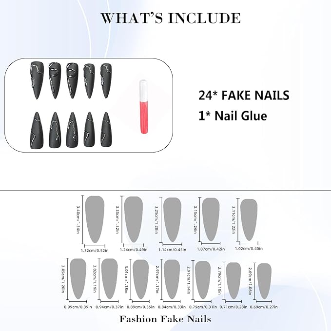 IMRAIN Black Press on Nails Long Stiletto Fake Nails Full Cover Glue on Nails Glossy 3D Snake Artificial Matte Acrylic Stick on False Nails for Women 24Pcs
