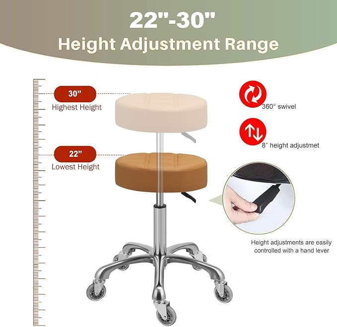 Kaleurrier Adjustable Rolling Stool for Salon: Heavy Duty Swivel Chair with Wheels for Hairdresser Esthetician Lash Tech - Spa Home Office Kitchen Dental Tattoo Shop Use - Seat Height 22”-30” - Camel