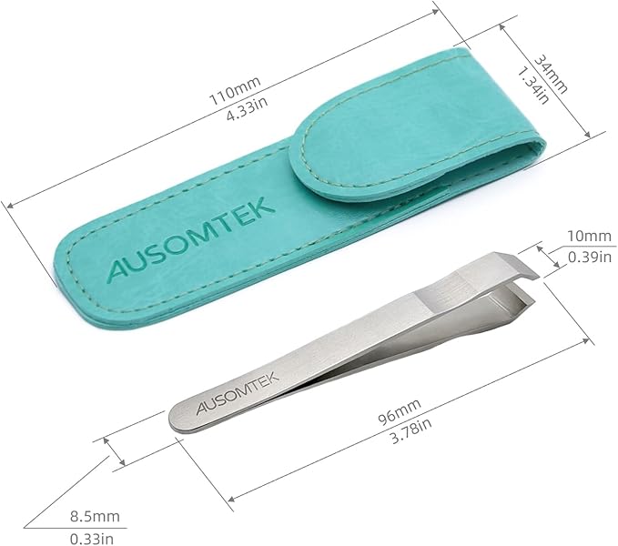 Beard & Hair Plucking Tweezers, Fine Eyebrow Tool, Stainless Steel, 10mm Tip, Anti-Slip Slot Design, Cyan PU Case