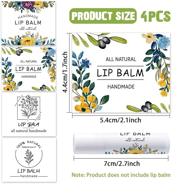 OLYCRAFT 100Pcs 4 Styles Lipstick Tag Stickers Flower Lip Balm Label Sticker 2.1x1.7 inch Self Adhesive Lipstick Labels with Handmade Words for Lip Balm Container Tubes Wrapping Decorations