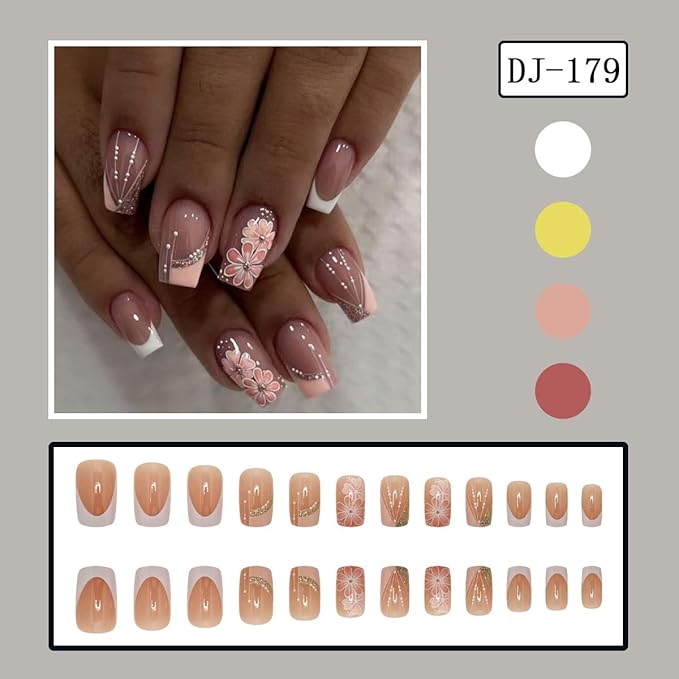 24Pcs Fall Flower Press on Nails White French Fake Nails Medium Square Acrylic Nail Full Cover Glossy Gold Glitter Stick on Nail French Lines Light Pink False Fingernails for Women DIY Manicure Art