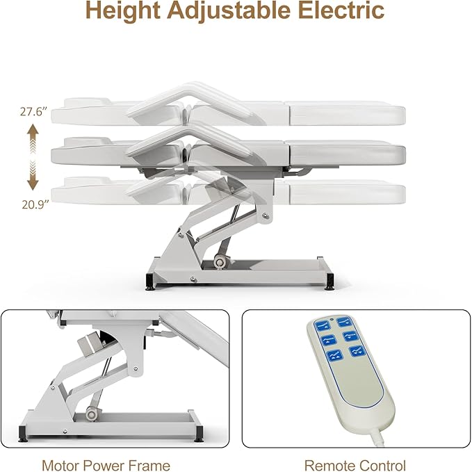 SyyBhb White Fully Electric Spa Bed Tattoo Chair Facial Table 3 Motor with Storage Pocket, 21''-28" Height Backrest Footrest Electric Adjustable, 3-Section Folding