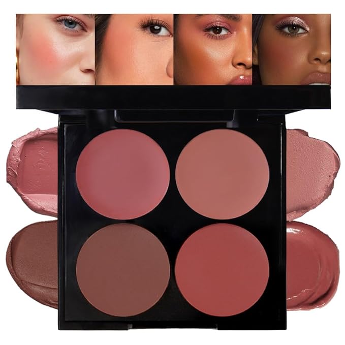 Matte Blush Cream Quads Makeup Palette, Blushes for Older Women Lip and Cheek Dual Blush Palette, Natural Lasting Pinkish Light Peach Light Brown and Orange Red, Paleta de rubor 4 colores