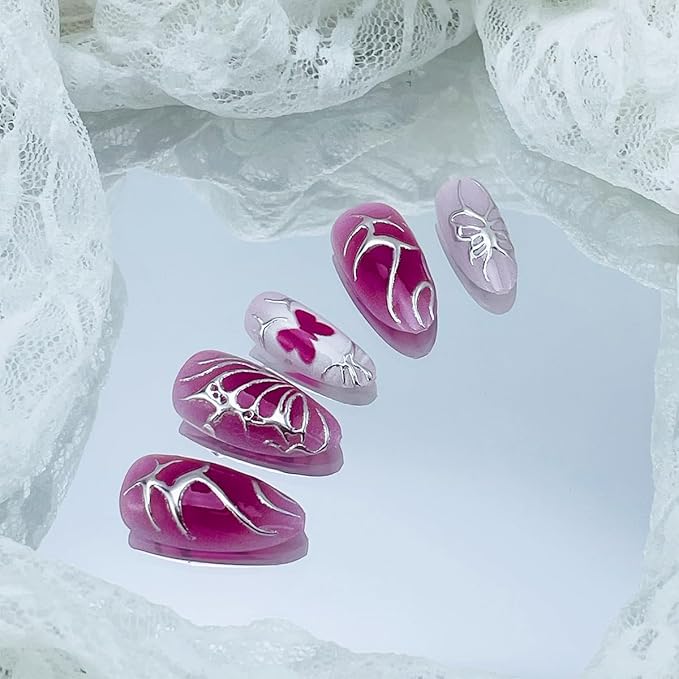 30Pcs Rose Red Press on Nails Medium Almond False Nails 3D Silver Line Designs Y2k Fake Nails Handmade Acrylic Stick on Nails Butterfly False Nails Reusable Full Cover Glue on Nails for Women Manicure