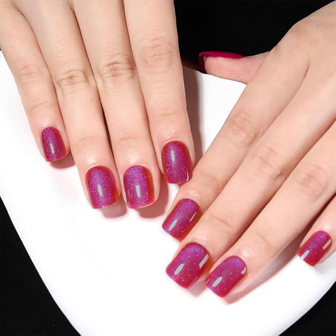 Blue Red Cat Eye Extra Short Press on Nails Square, Petite Short Square Glue on Nails for Women Gift, Purple Red Metallic Glitter Glossy Reusable Stick Gel Press on Acrylic Fake Nail with Designs