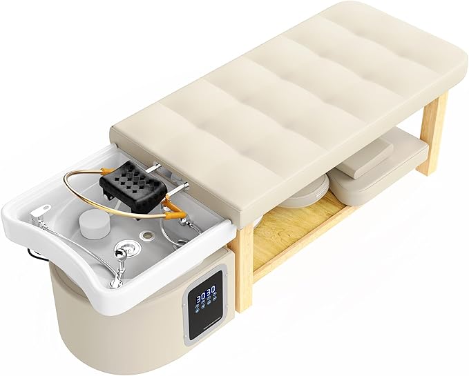 Hair Washing Head Spa Stationary Massage Table with Water Cycle & Fumigation Salon Equipment for Beauty Head Spa Physical Therapy Massage, Wood Frame, PU Leather - Beige Gray