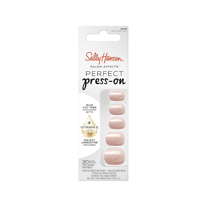 Sally Hansen Salon Effects Perfect Press-On Nails | Sq-oval Shape | Easy to Apply, Non-Damaging | 30 Nails, Nail Glue, Adhesive Tabs, File | Lost in the Frost