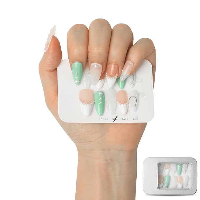 3D Pearl Press On Nails Medium Almond- Handmade Nude Base Mint Green with 3D Leaf Design -Gel Acrylic 10pcs Reusable (Forest Elves, Size S)