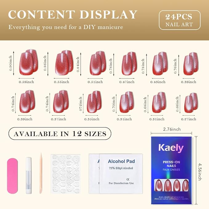 evpct Red Pink Cat Eye Coffin Press on Nails Square Medium, Medium Square Glue on Nail for Women Gift, Red Pink Metallic Glitter Glossy Reusable Summer Soft Gel Press on Acrylic Fake Nail with Designs