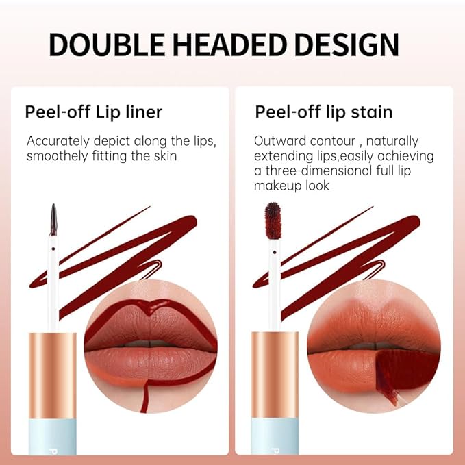 Matte Lip Stain Peel Off Lip Gloss& Lip Liner 2-in-1: One end defines lips with precision liner, the other peels off to reveal long-lasting, waterproof, smudge-proof, transfer-proof matte color.2#