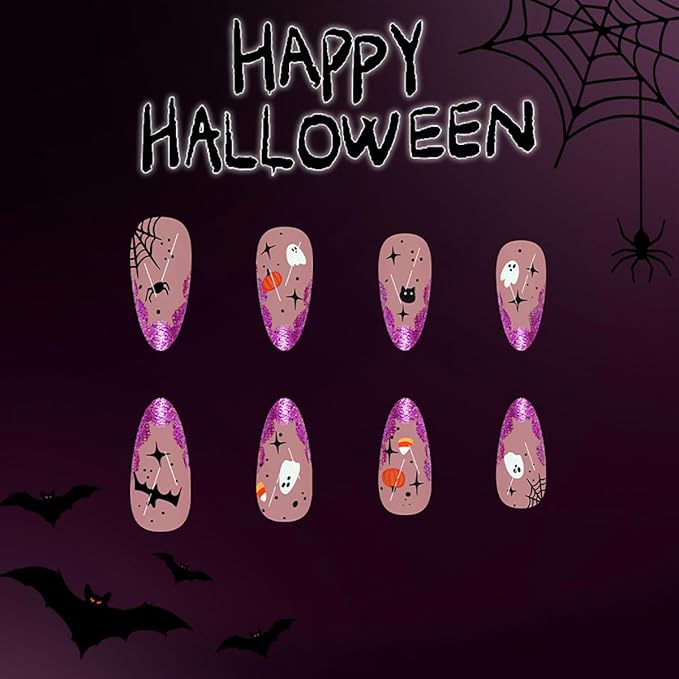 Halloween Press on Nails Medium Length Fake Nails Purple False Nails Spider Ghost Pumpkin Star Spider Web Bat Design French Tips Stick on Nail for Women Decoration Holiday Manicure Supplies