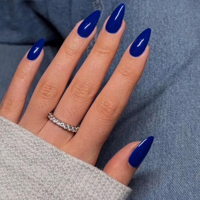 48Pcs Royal Blue Press on Nails Almond Fake Nails Glue on Nails Medium Length Almond Shaped Nails Press ons, Stiletto Nails False Nails for Women, Medium Almond Nails, Thick Natural Acrylic Gel Nails