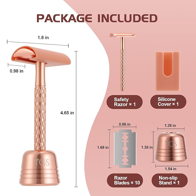 Double Edge Safety Razor for Women Rose Gold with Stand and Silicone Cover - Durable Metal Eco-Friendly Single Blade Safety Razor with 10 Blades- Closed Smooth Shave