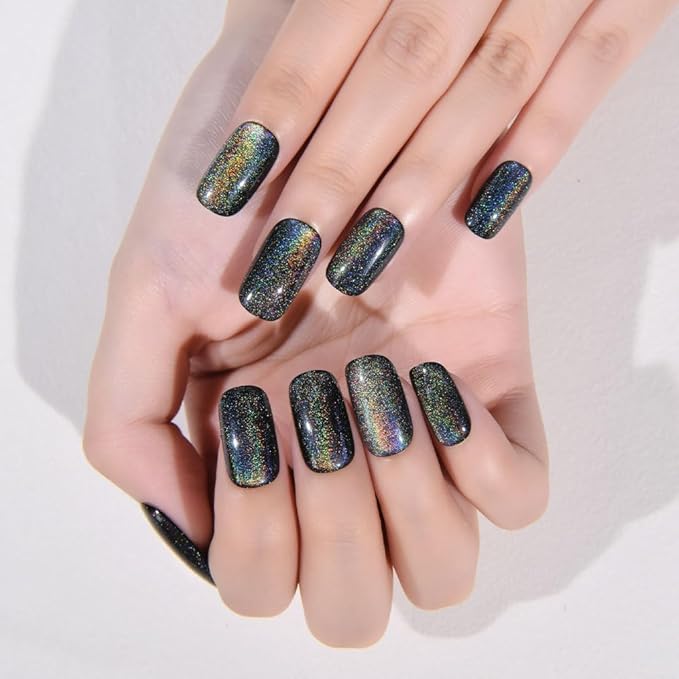evpct Black Chrome Metallic Cat Eye Press on Nails Square Medium, Glue on Nails Medium Length Square for Women, Black Metallic Nail press ons, Iridescent Glitter Halloween Acrylic Fake Press on Nail