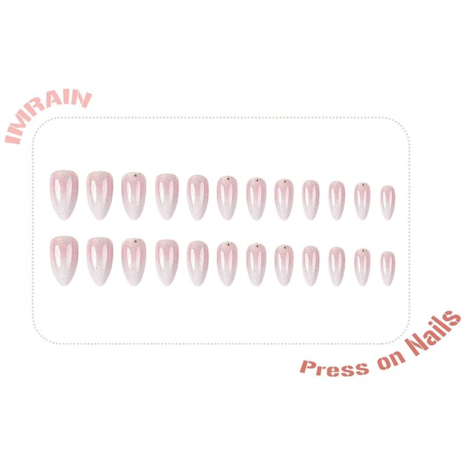 IMRAIN Press on Nails Medium Almond Fake Nails Pink White Gradient False Nails with Glitter Designs Full Cover Glossy Acrylic Glue on Nails for Women Girls Artificial Nail Supplies 24Pcs