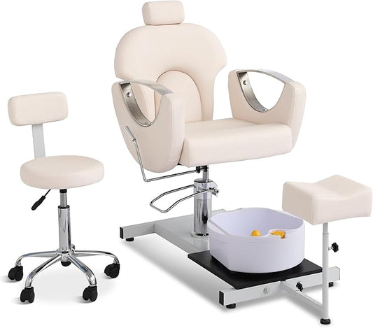 Pedicure Station No Plumbing, Hydraulic Pedicure Chair for Nail Tech, Height Adjustable Reclining Pedicure Station Unit, 360 Degree Swivel Foot Spa Chair with Massage Foot Bath (White)