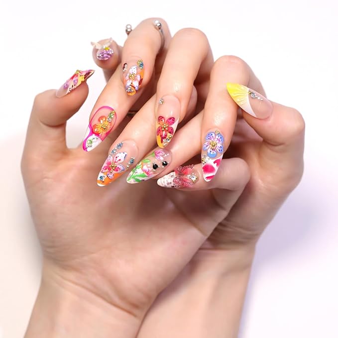 Flower Press on Nails Long Almond Fake Nails 3D Floral Colorful Butterfly Rhinestone Design French Tip False Nail Spring Summer Stick on Nails Acrylic Glue on Nail Art DIY Manicure Supplies
