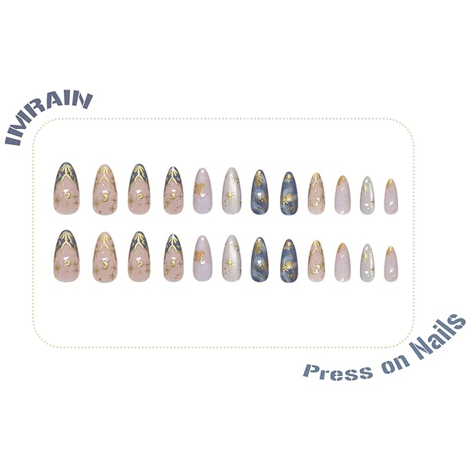 IMRAIN Almond Press on Nails Medium Fake Nails with Gold Star Moon Designs Acrylic Blue Gradient Glossy Nail Supplies Full Cover Glue on Nails Glitter Stick on False Nails for Women Girls