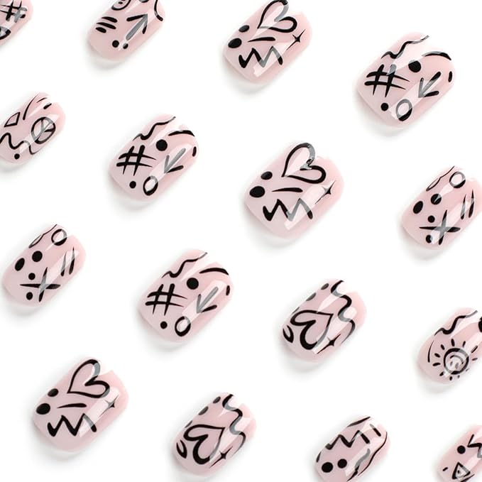 Press on Nails Short Square, Pink Fake Nails Kit with Cartoon doodle Designs, Glossy Acrylic Press on Nails, Thick Reusable Glue on Nails Short Press on Nails for Women, Quirky Ink