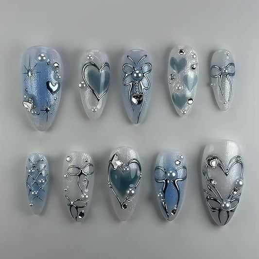 Blue Press on Nails Almond Fake Nails Silver Bow Heart with Rhinestone Design Star False Nail Pearl Stick on Nails Artificial Glossy Glue on Nail Full Cover Long Nail for Women Salon Manicure