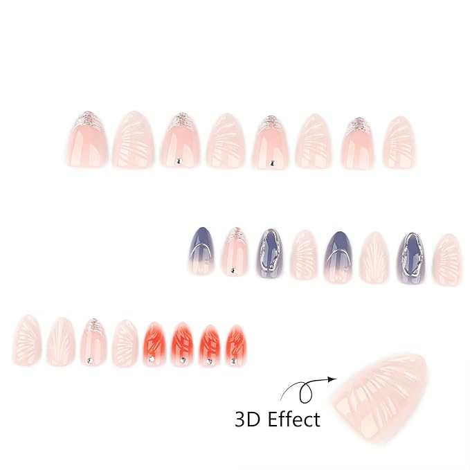 3D Nude Almond Press on Nail Short Fake Nails with Silver French Tip False Nails, 3D Silver Lines Design Artificial Acrylic Nail Press ons Reusable Almond Nail Glue on Nails for Women