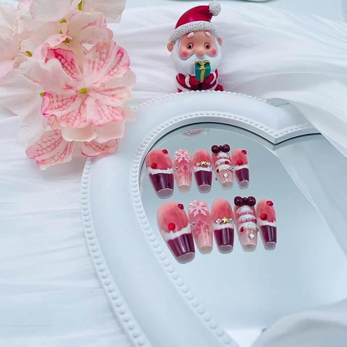 10Pcs Christmas Press on Nails Long Coffin French Tip Fake Nails with Red Bow Rhinestones Design Winter Snowflake False Nails Reusable Glossy Full Cover Acrylic Nails Handmade Stick on Nail for Women