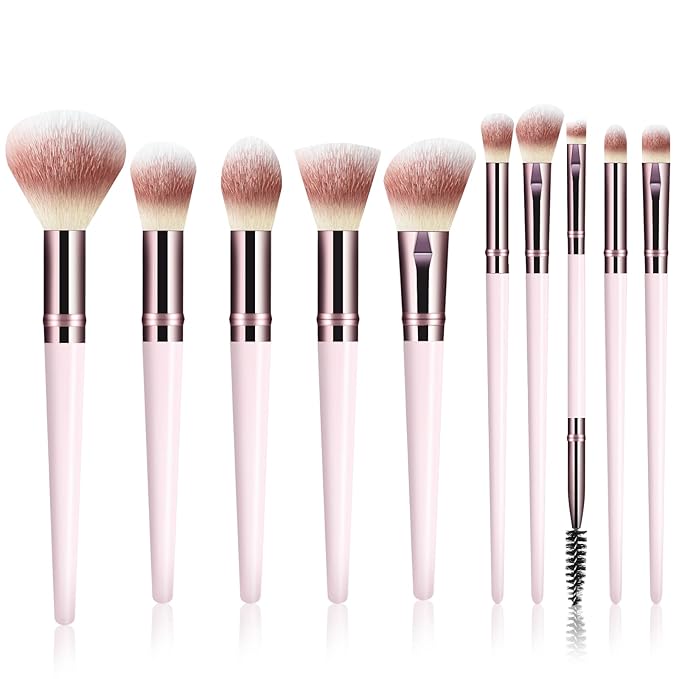 Makeup Brush Set, Premium Synthetic 10 PCS Makeup Brushes, Travel Makeup Brush Set with Soft Hairs, Makeup Brushes Set Professional for Blush, Eyeliner, Eyeshadow, Concealer, and Foundation (Pink)