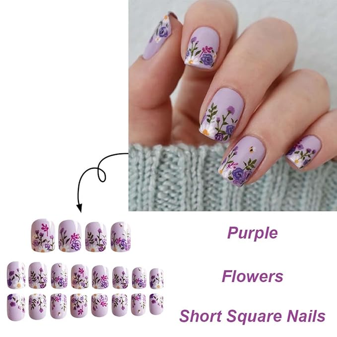 24Pcs Square Press on Nails Short Fake Nails Flame with Heart Flower Butterfly Design Cute False Nails Pink Glue on Nails Glossy Valentines Acrylic Artificial Nails Glossy Stick on Nails for Women